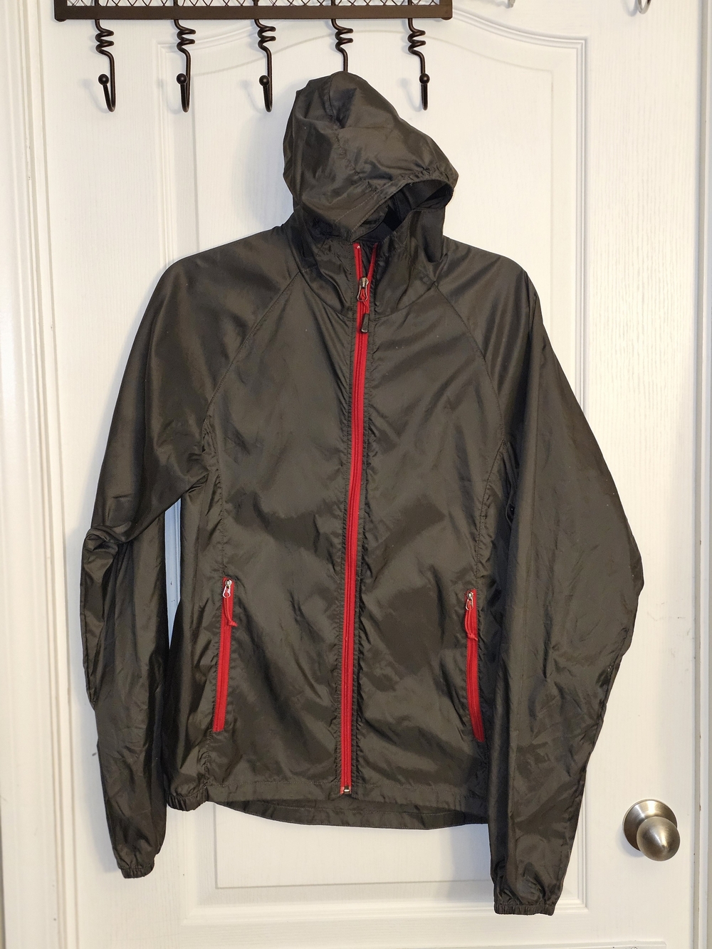 The North Face Hooded Windbreaker Jacket Dark Grey Red Zippers Mens Size Small
